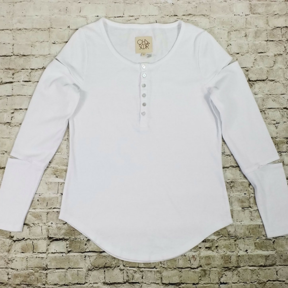 Chaser Vintage White Ribbed Scoop Neck Long Vented Sleeve Henley Top Womens M